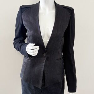 Helmut Lang Black Wool Silk Blend Textured Two-tone Fabric Single Button Blazer